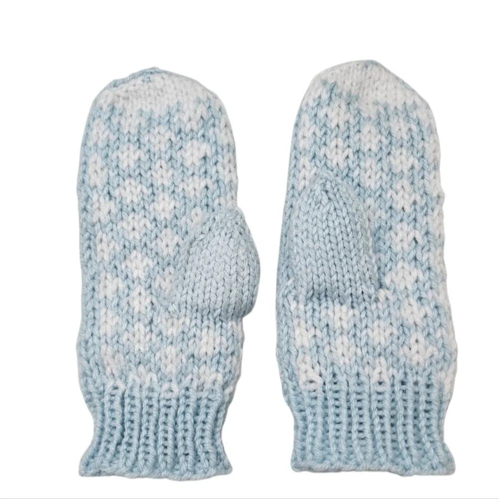Hand Crafted Crochet Mittens Heart Design Ribbed Trim One-of-a-Kind Blue White